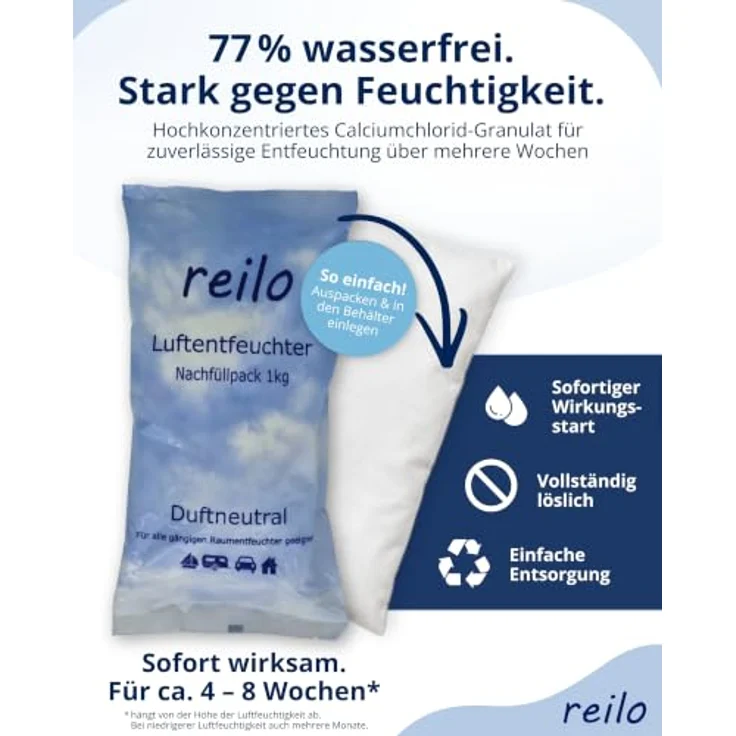 reilo 20x 1kg Luftentfeuchter Granulat (Calciumchlorid), Vliesbeutel Nachfüllpack für Raumentfeuchterboxen, für Auto, Schlafzimmer und Keller, effektiv gegen Schimmel und Feuchtigkeit – Bild 4