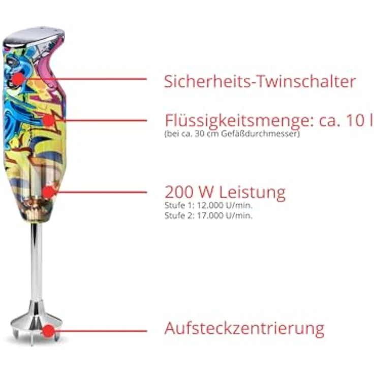 ESGE Zauberstab 91003 Design Edition Pop-Art – Stabmixer mit 200W AC-Motor, 2-stufig, 17.000 U/min, Zubehörset und 160 cm Kabel – Bild 3