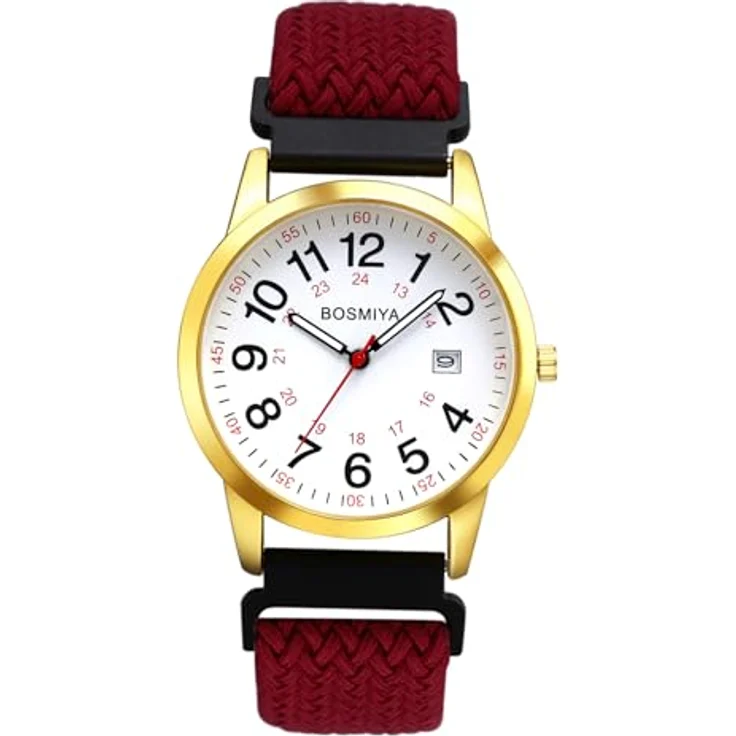 JewelryWe Damenuhr Herrenuhr Geflochten Elastisch, Kalender Analog Quarz Armbanduhr mit 12/24 Stunden Zifferblatt, Weinrot Gewebt Stretcharmband, für Senioren – Bild 1