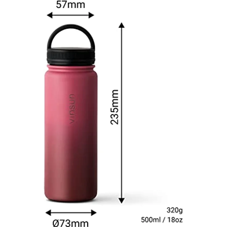 Vinsun Edelstahl Trinkflasche 500ml rot - auslaufsicher, Kohlensäure geeignet, BPA frei - 3 Deckel - Thermosflasche Sport, Outdoor, Schule, Uni, Fahrrad, Büro, Gym – Bild 3
