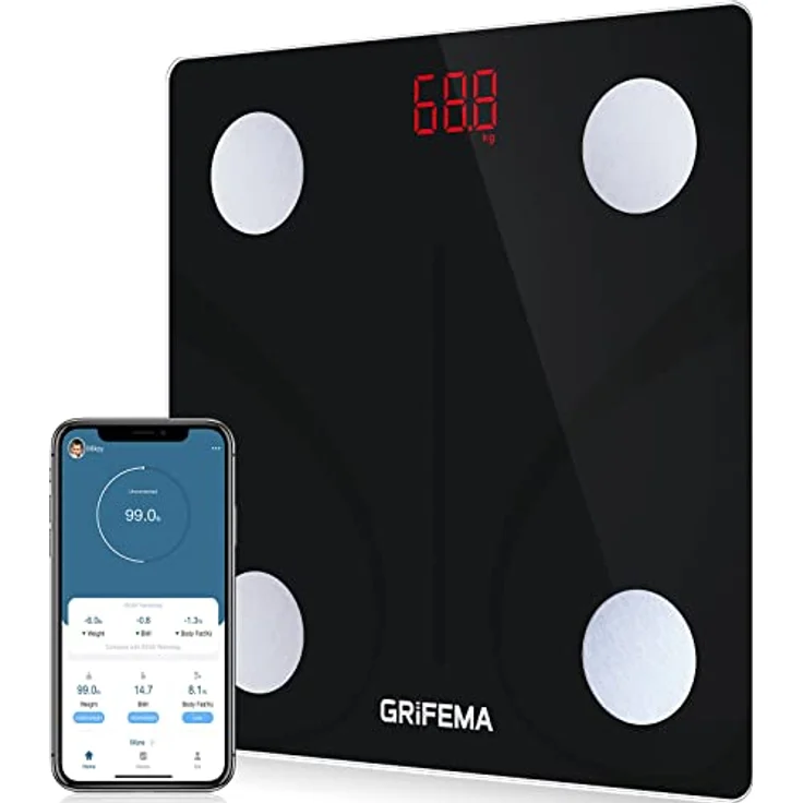 GRIFEMA Digitale Personenwaage, Waage mit Körperfett und Muskelmasse, Bluetooth Körperfettwaage mit App, für BMI, Protein, Schwarz [Exklusiv bei Amazon] – Bild 1