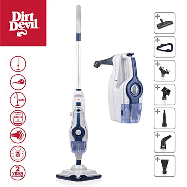 Dirt Devil Dampfmopp und Handdampfreiniger DD7003-1400-1600W - Bodenreiniger - mit 5 Aufsätzen - Geeignet für verschiedene harte Oberflächen - Inkl. Reinigungsmittelbehälter - 5,5 Meter Reichweite – Bild 3