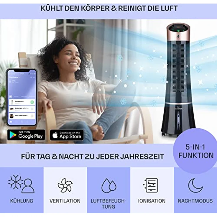 Klarstein Skyscraper Ice Smart, 4-in-1 Luftkühler & Ventilator mit Wasserkühlung, Luftreiniger und Luftbefeuchter, 210 m³/h, ohne Abluftschlauch – Bild 2