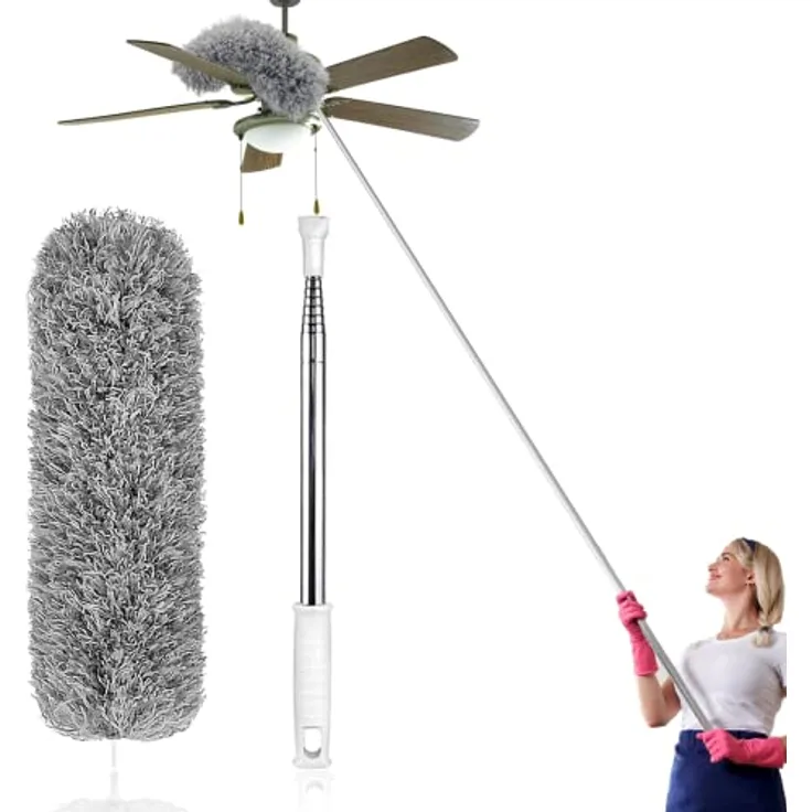 Staubwedel Teleskop Waschbar, Extra lang 254cm, Staubwedel Lang Ausziehbar, Mikrofasern Staubwischer Staubbesen mit Verbiegbare Eckbesen, Entfernt Mühelos Staub und Spinnweben