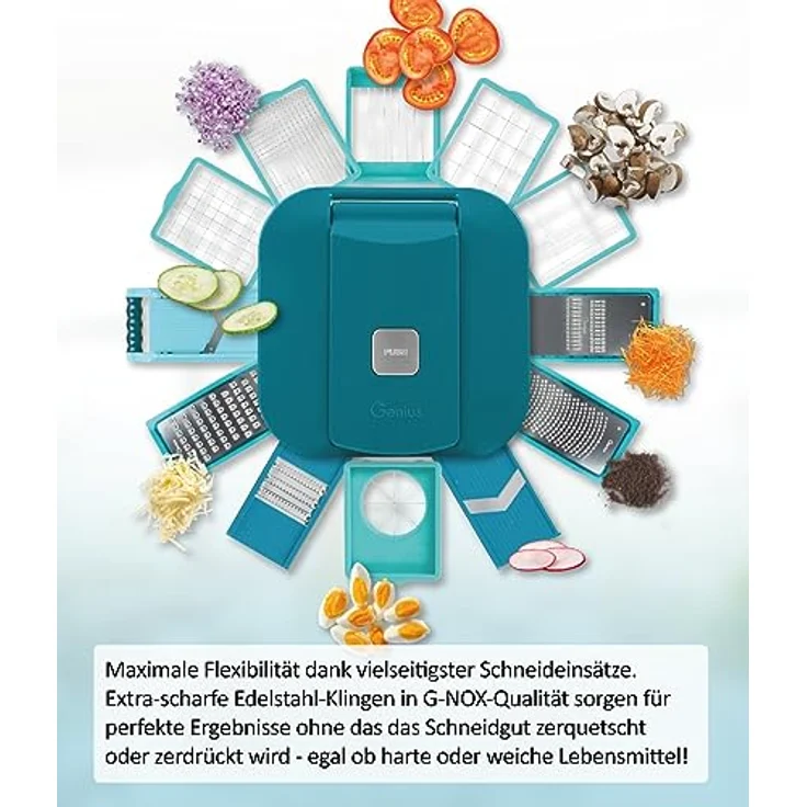 Nicer Dicer Chef Professional Deluxe Gemüseschneider manuell 39-tlg, Gemüsehobel mit 5.2L Behälter und 2.8L Glassschüssel Deckel, Spiralschneider Pommesschneider Küchenhelfer mit einfacher Reinigung – Bild 2