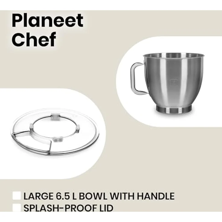 ZEEGMA Planeet Chef Küchenmaschine, Knetmaschine 1500W, Multifunktionaler Roboter, Teigmaschine, Rührmaschine mit 6,5 L Edelstahl Schüssel, 6 Geschwindigkeiten, Teigknetmaschine inkl 3-Teiligem – Bild 5