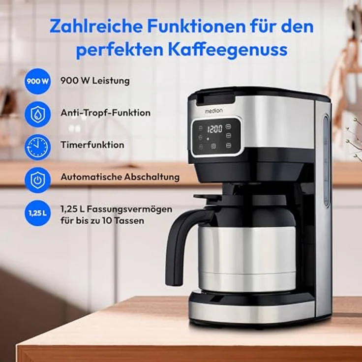 MEDION Kaffeemaschine mit Thermoskanne und Timer, Filtermaschine, 10 Tassen, 1,25 Liter, 900 Watt, Antitropf, edelstahl – Bild 3