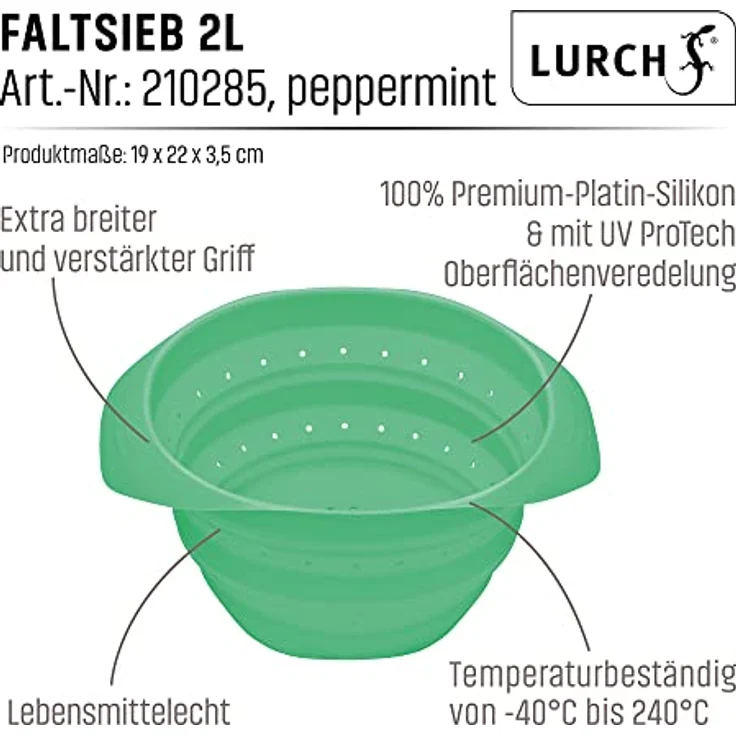 Lurch 210285 Faltsieb 2l, Silikon UV ProTech in Peppermint, faltbar, hitzebeständig bis 240°C, spülmaschinengeeignet, perfekt für Camping und Outdoor-Küchen – Bild 4