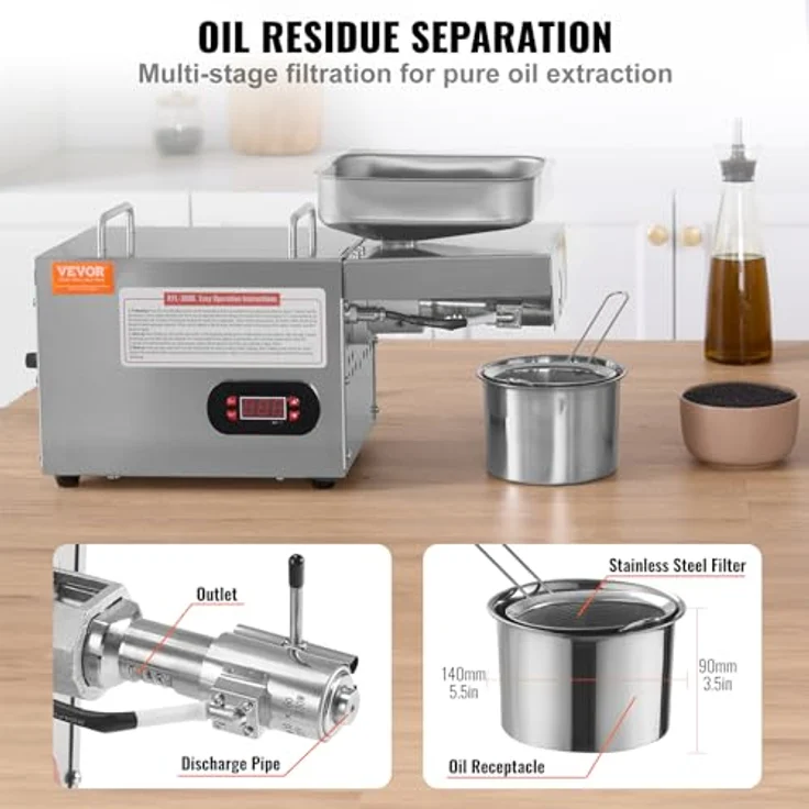 VEVOR Elektrische Ölpresse, 850 W aus Edelstahl, einstellbare Temperatur, Heißpresse-Ölpresse für Erdnüsse, Sesam, Raps, Tee - VEVOR – Bild 4