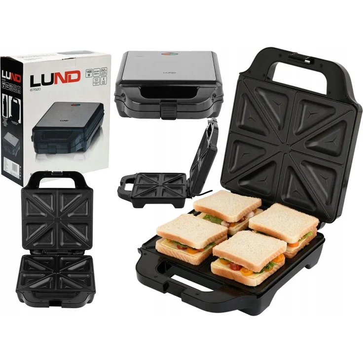Lund 2-in-1-Sandwichmaker Tostapane, 1400 W, Edelstahl-Oberfläche, für 4 fette Scheiben Toast, schwarz