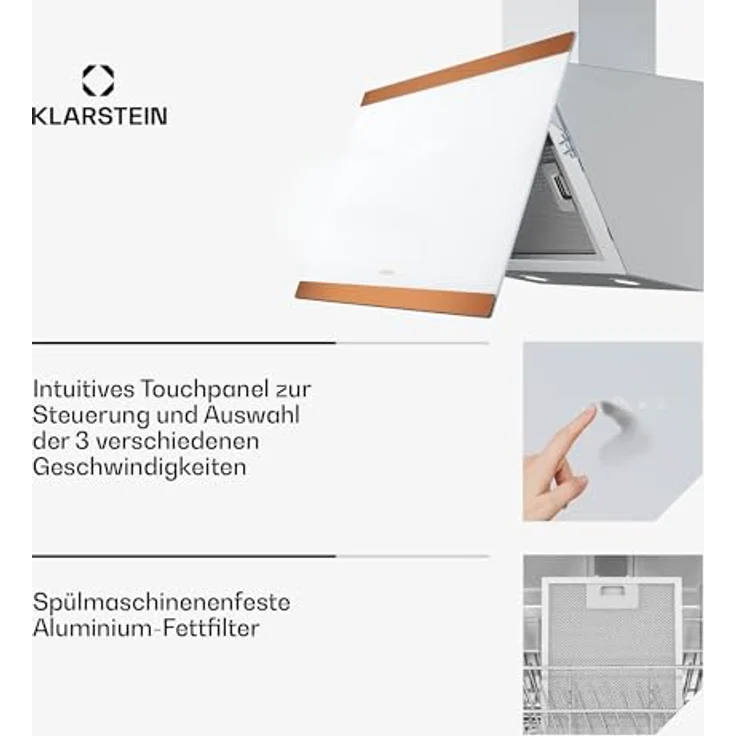 Klarstein FlashLine 60 Dunstabzugshaube, A++ Energieeffizienz, 524 m³/h, 3 Stufen, Touch Bedienung, Abluft/Umluft, 100 W, Weiß – Bild 6