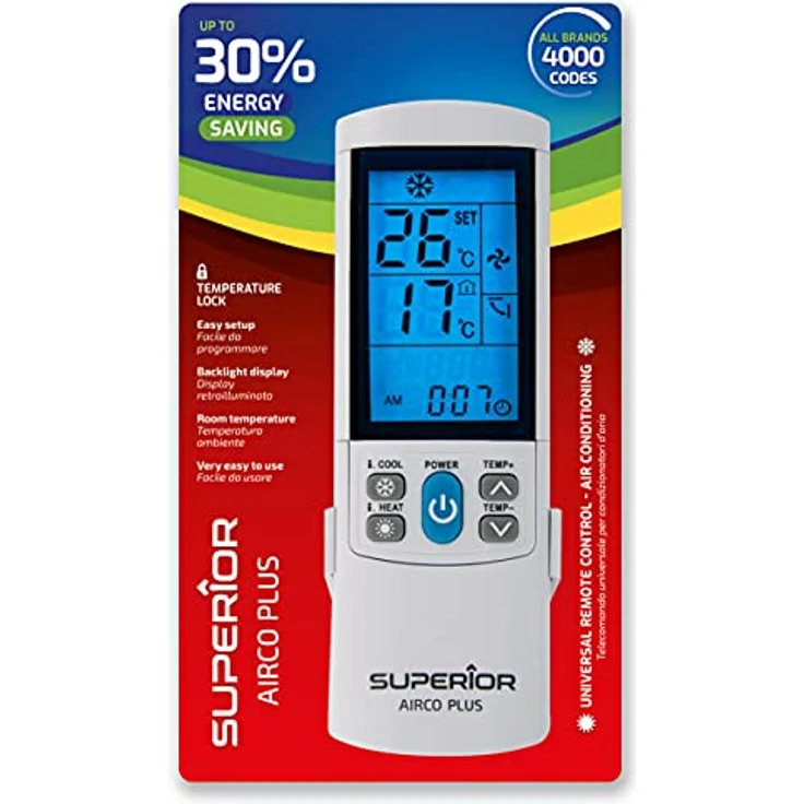 Superior Electronics AirCo PLUS, universelle Fernbedienung für Klimaanlagen mit 4000 Codes, großem hintergrundbeleuchtetem Display, Nacht-Timer und Temperaturblock-Funktion, SUPCU001 – Bild 2