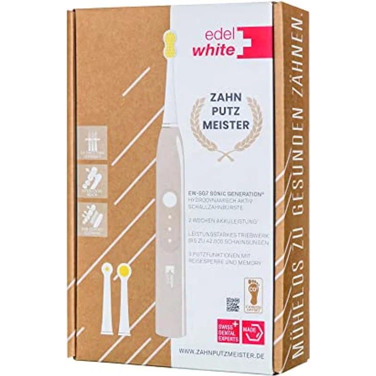 edel & White Schallzahnbürste Zahnputzmeister.com Hydrodynamisch aktiv mit 3 Putzfunktionen, Reisesperre und Memory in umweltfreundlicher Verpackung, Schweizer Schallaktive Zahnbürste, Gratis Bürstenköpfe 3 Stück, umweltfreundlich Ökofilztasche, keine Karies, kein Mundgeruch, keine Zahnschmerzen, gesunde Zähne und Zahnfleisch, Ultrasanfte Konex HD-Borsten, wirkt gegen Parodontitis, Schweizer Markenqualität - Preisvergleich – Bild 4