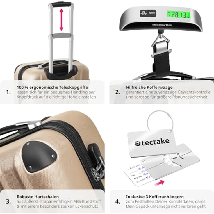 tectake® 3er Kofferset - ABS Hartschalenkoffer Set mit Teleskopgriff & Zahlenschloss, Champagner – Bild 3