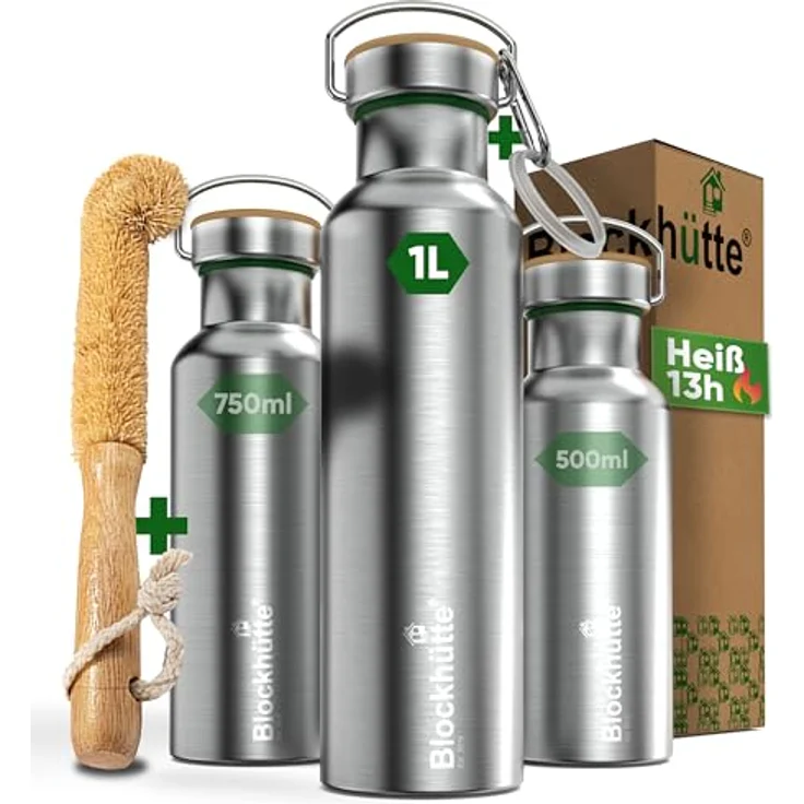 Blockhütte Premium Edelstahl Trinkflasche isoliert, 1L, auslaufsicher, spülmaschinenfest, mit Naturborsten Bürste, BPA-frei – Bild 1