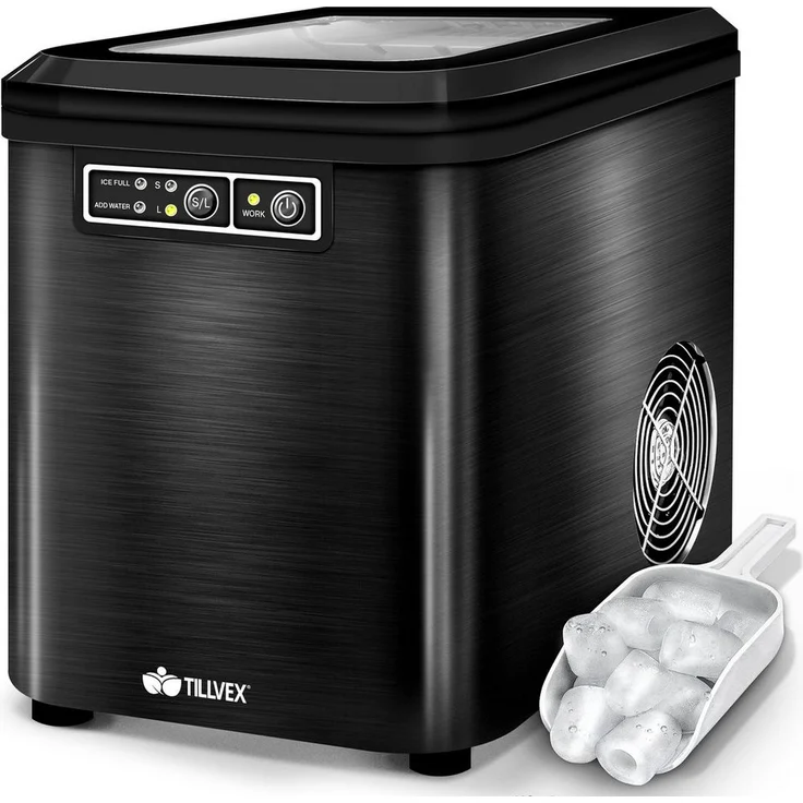 tillvex Eiswürfelmaschine Edelstahl 12 kg - 24 h, LED-Display & Selbstreinigungsfunktion, 2,2 Liter Wassertank - Eiswürfelbereiter
