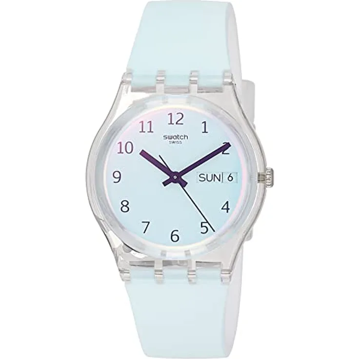 Swatch Damen Analog Quarz Uhr mit Silikon Armband GE713, hellblau/weißes Silikonarmband, rosa-hellblaues Ziffernblatt