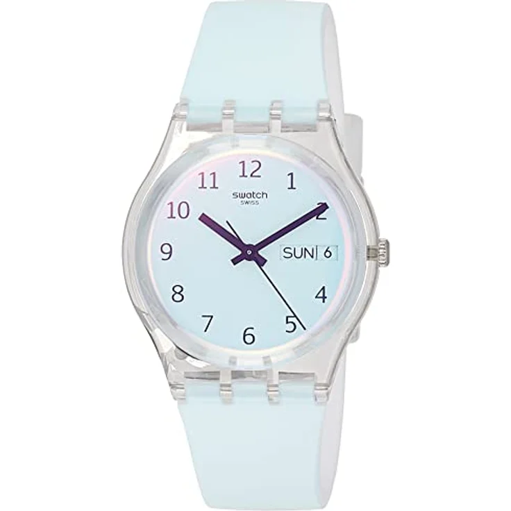 Swatch Damen Analog Quarz Uhr mit Silikon Armband GE713, hellblau/weißes Silikonarmband, rosa-hellblaues Ziffernblatt – Bild 1