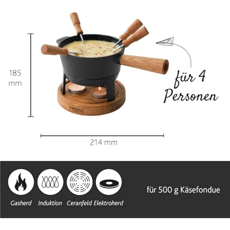 Boska Fondue-Set Pro S, Käsefondue, Fondue, Edelstahl, Gusseisen, Eichenholz, Anthrazit, 700 ml, 853547 – Bild 4