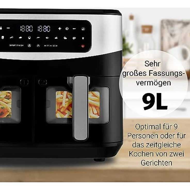 Venga! Doppel-Heißluftfritteuse, 2x 4,5 L Fassungsvermögen, 9 voreingestellte Kochprogramme, innovative Match Cook & Smart Finish Funktionen, 2 600 W, Schwarz/Silber, VG AFT 3008 – Bild 3
