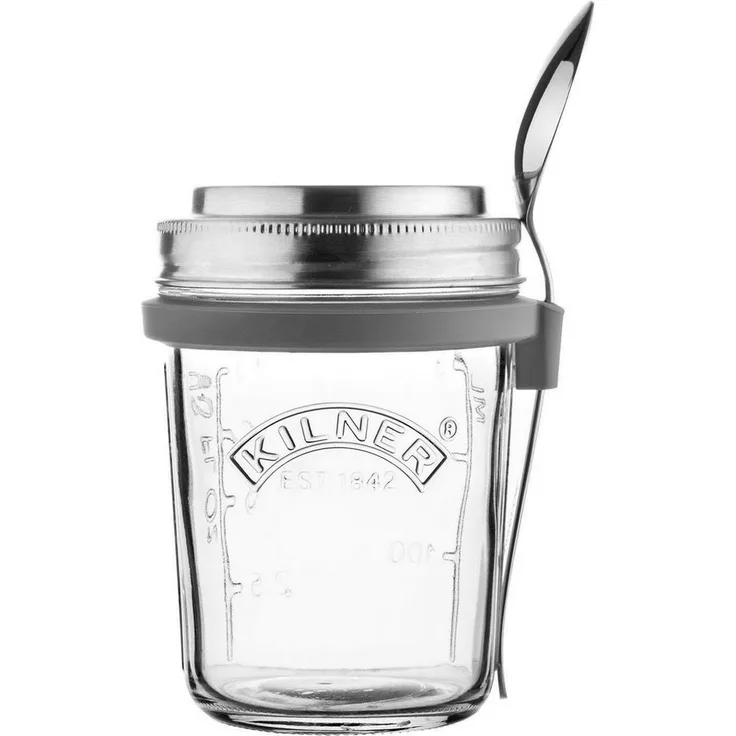 KILNER Frühstücksglas-Set, Edelstahl, Glas, 350 ml, inkl. Edelstahllöffel - ideal für Joghurt und Quark