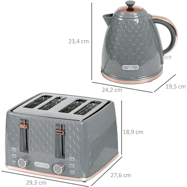 HOMCOM Toaster Kocher-Set, 4 Schlitze für 4 Scheiben, 2200 W, automatische Abschaltung, Auftau- & Aufwärmfunktion, Beige – Bild 7