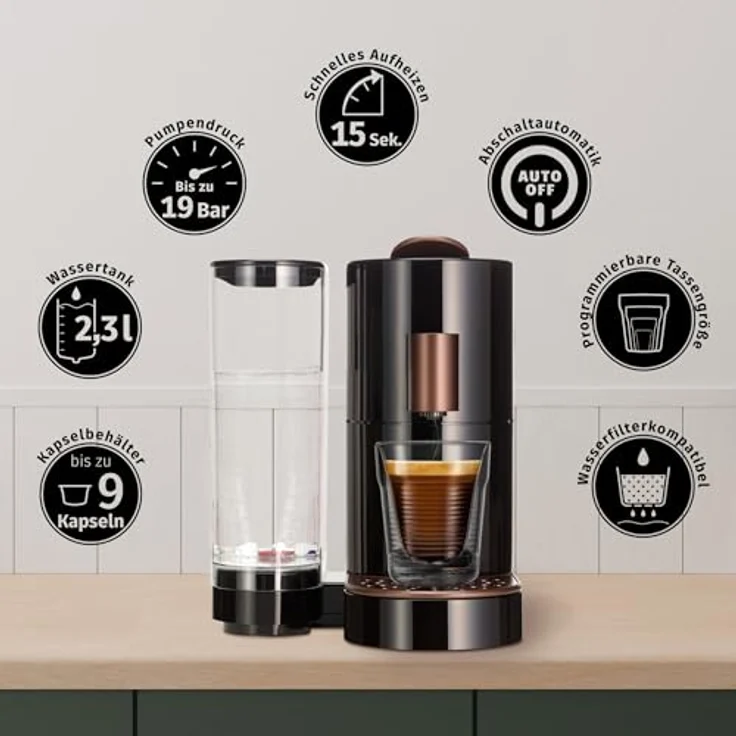 K-fee Twins II Kaffeekapselmaschine, (1455 Watt, 2,3 Liter Wassertank, Farbe Schwarz-Kupfer) – Bild 4