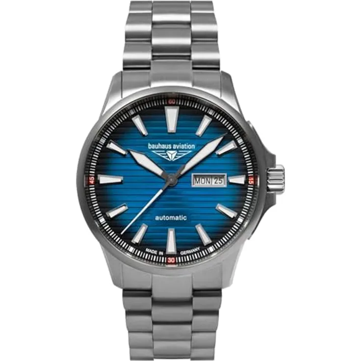 Bauhaus Herrenuhr Aviation Iron Annie 2862M-3, Automatik Uhr mit Kalenderfunktion, Titan/Blau, kratzfestes Saphirglas