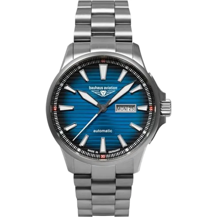 Bauhaus Herrenuhr Aviation Iron Annie 2862M-3, Automatik Uhr mit Kalenderfunktion, Titan/Blau, kratzfestes Saphirglas – Bild 1