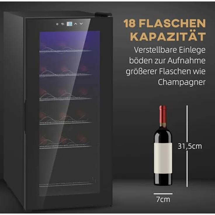 HOMCOM Weinkühlschrank Kompressor für 18 Flaschen, 50 L Getränkekühlschrank mit Glastür, 5-18°, Touchschalter, LED-Anzeige, Schwarz – Bild 3