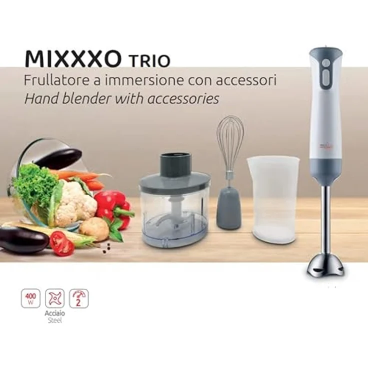 Melchioni Mixxxo Trio Stabmixer 400 W, grau und weiß, mit 2 Geschwindigkeiten, abnehmbaren Stahlfuß, Edelstahlklingen und Zubehörset – Bild 7