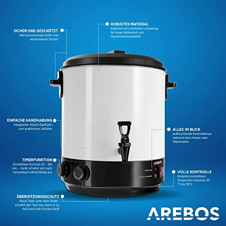 Arebos Einkochautomat 1800 W, Einkochtopf 28 L mit Timer, Thermostat, Überhitzungsschutz, stufenlose Temperatureinstellung 30-110 °C, Zeitschaltuhr 20-120 min, Glühweinkocher und Heißgetränkeautomat – Bild 3