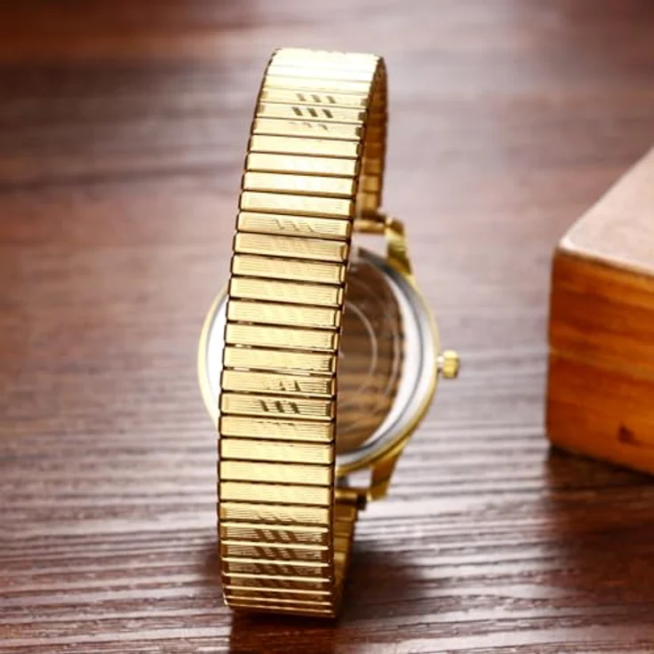 JewelryWe Herrenuhr mit elastischem Zugarmband, goldene Analog Quarz Armbanduhr mit schwarzem Zifferblatt und großen Zahlen, Edelstahl Stretch Armband für Senioren – Bild 4