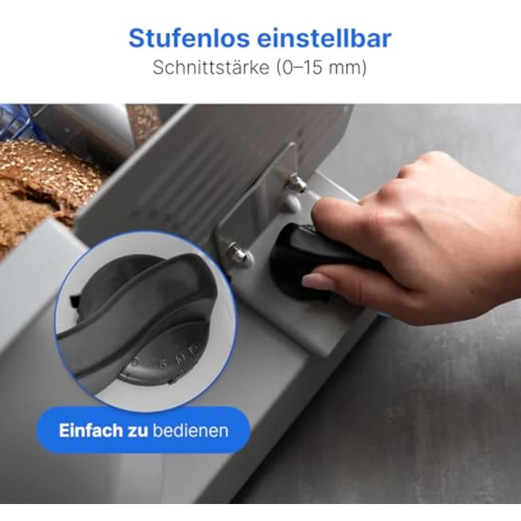 Bomann MA 451 CB, Vollmetall-Allesschneider, Großes rostfreies Edelstahlmesser (Ø 190 mm), 150 Watt, Universalwellenschliff, Alu-Druckguss Motorgehäuse, Stufenlos einstellbare Schnittstärke (0-15mm) – Bild 5