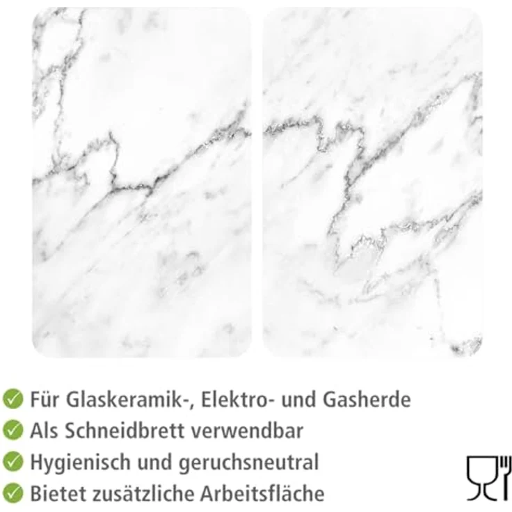 Wenko Herdabdeckplatte Universal Marmor, 2er Set Herdabdeckung für alle Herdarten, Gehärtetes Glas, 30 x 52 cm, mehrfarbig – Bild 3