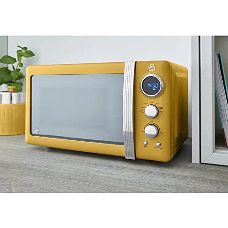 Swan Retro SM22030YELNEU Digital Mikrowelle, 20L, 5 Leistungsstufen, Auftaufunktion, 60 Minuten Timer, Spiegeltür, 27cm Drehteller, Gelb, 800W – Bild 3