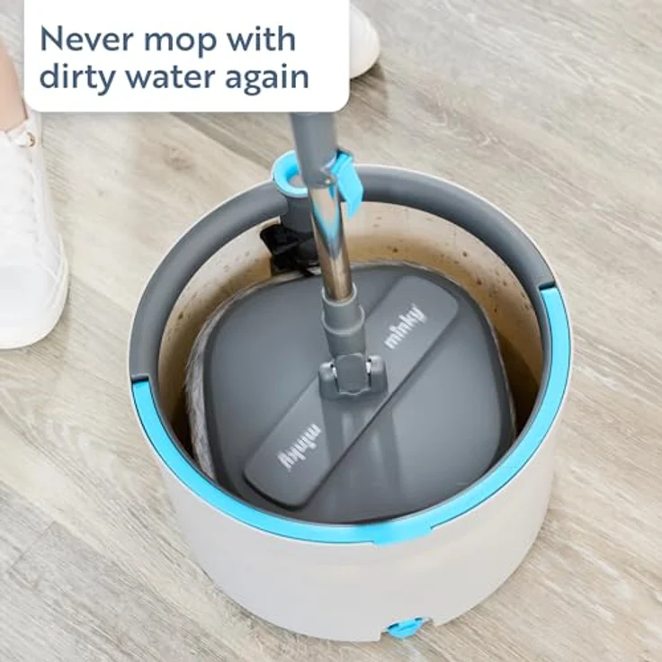 Minky Opti-Clean Spin Mop, 360° Spin & Rinse & Wringing System, Wiederverwendbares Leistungsstarkes Mikrofaser-Klettpolster, Dual-Hohlraum 2L Eimer mit stabilem Griff, Hellgrauer Eimer – Bild 3