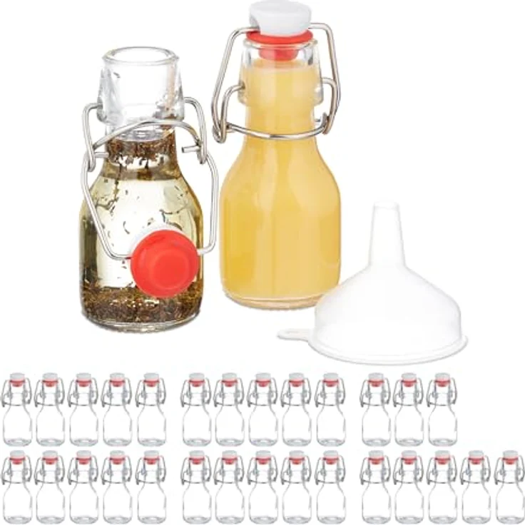 Relaxdays Flaschen Set, Einmachgläser aus Glas mit Bügelverschluss, transparent, inkl. Trichter – Bild 1