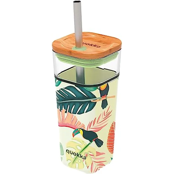Quokka LIQUID CUBE TOUCANS 2022 | GLASBECHER MIT TRINKHALM UND SILIKONHÜLLE 540 ML