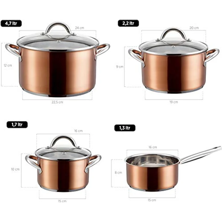 MÄSER Asterion Topfset in modernem kupferfarbenem Design, 4 Töpfe, 1 antihaftbeschichtete Pfanne und 3 Glasdeckel im Set, für alle Herdarten inkl. Induktion, Edelstahl, Glas, Kupfer – Bild 5