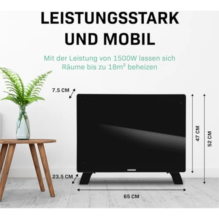 VONROC Elektroheizung, Konvektor-Heizung - elektrische Heizung bis 18m2 - Wand-/Bodenmontage - 2 Stufen 750W & 1500W, Manuelle/App Steuerung - schwarz – Bild 4