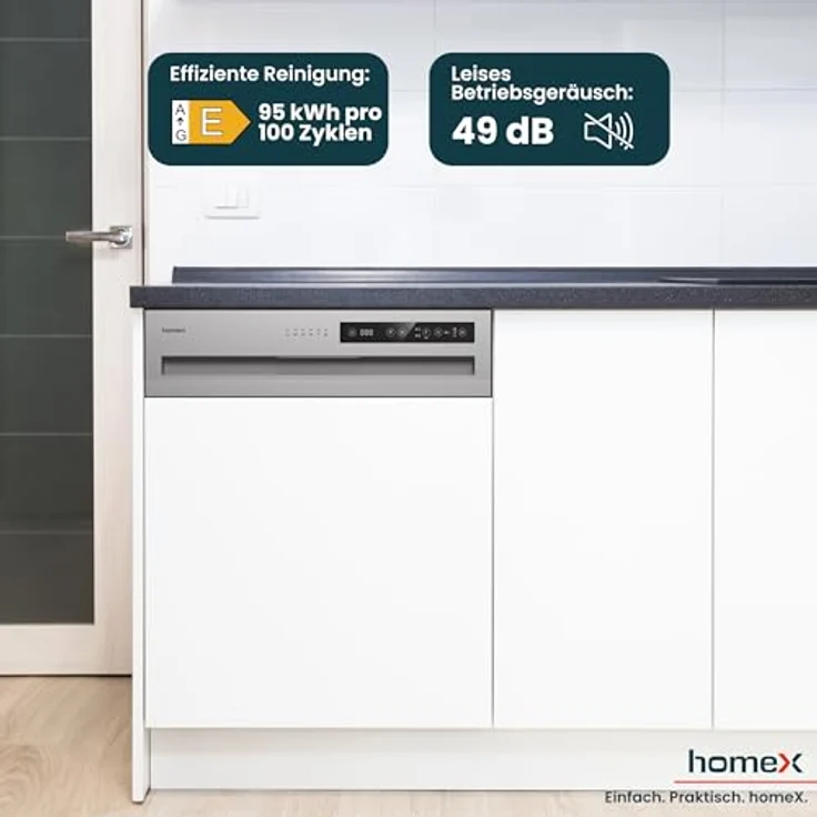 homeX DWSI601449E Geschirrspüler 60 cm, teilintegrierbar, 14 Maßgedecke, 6 Programme, leise mit 49 dB, Energieeffizienzklasse E – Bild 6