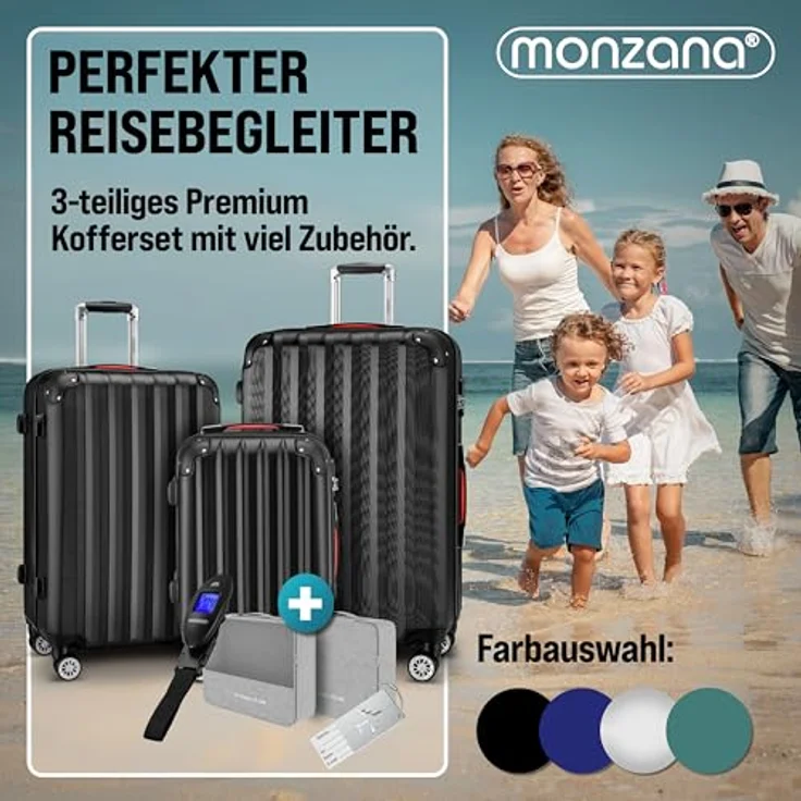 MONZANA® Kofferset 3tlg. Hartschale Organizer Trolley Schwarz mit Zwillingsrollen, Gurt und Kofferwaage – Bild 2