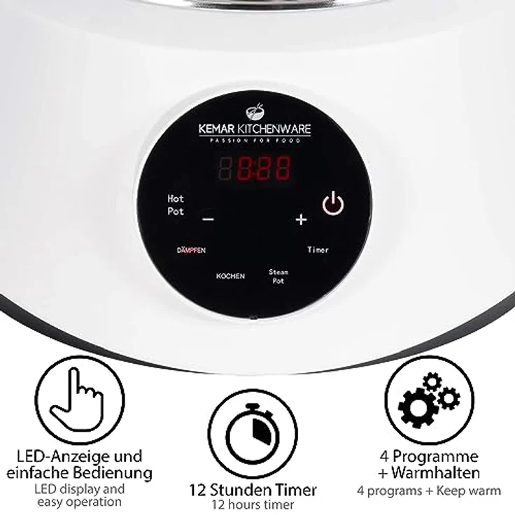 KeMar Kitchenware KFS-3000 Dampfgarer, Hot Pot, Fondue mit Touch Display, 3 Dampfkörbe aus Edelstahl, 4 Programme, Timer, Steamer – Bild 4