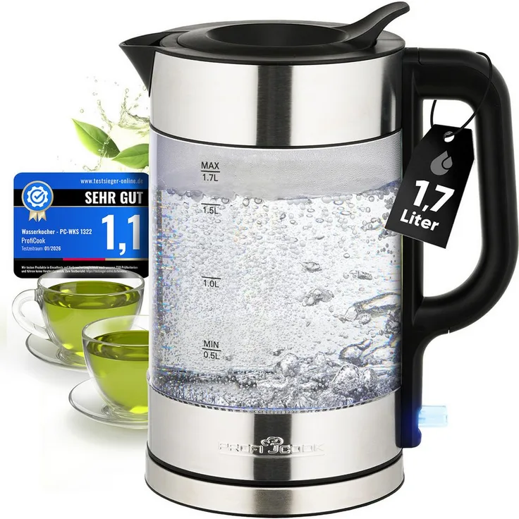 ProfiCook Wasserkocher PC-WKS 1322 G, Glas-Edelstahl Wasserkocher, 1,7L, 2200W, BPA-frei, mit automatischer Abschaltung und Trockengehschutz