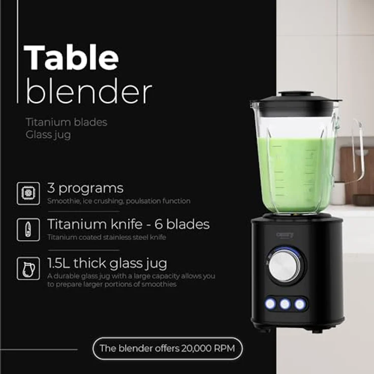 Camry Standmixer CR 4088, 1800 W, Tischmixer mit Titanium Klingen und 1,5L Glaskrug, schwarz – Bild 10