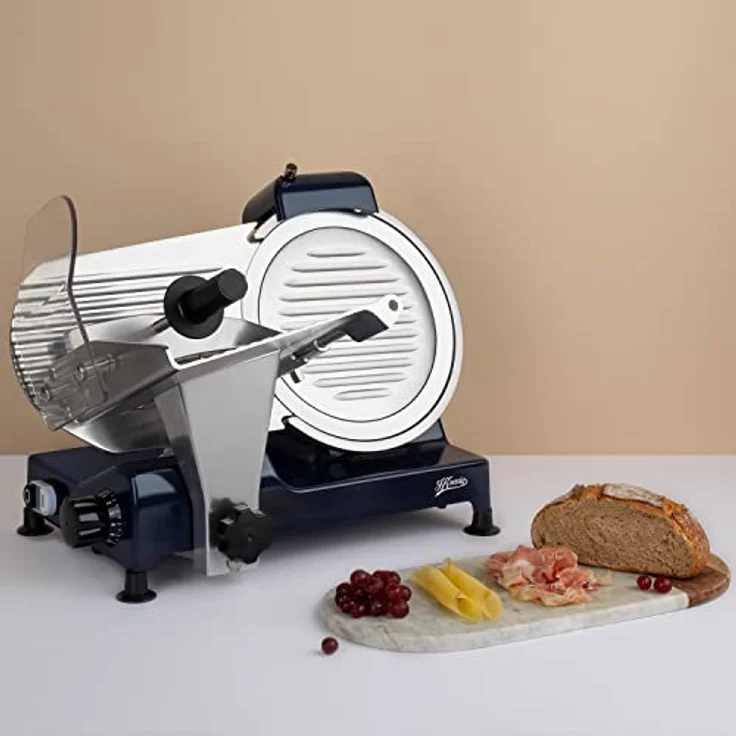 H.Koenig Elektrischer Allesschneider für Schinken, Fleisch, Wurst, Brot, MSX256, Schnittstärke 0–12 mm, italienische Klinge 25 cm, integrierter Messerschärfer, große Platte, 282 U/min, blau, Nachtblau – Bild 5