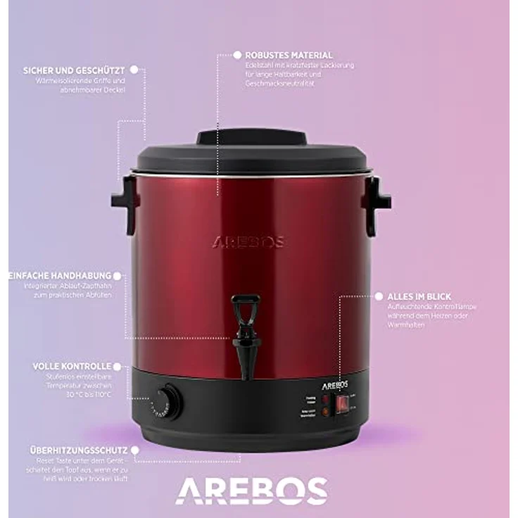Arebos Einkochautomat 2500 W | Einkochtopf 28 L | mit Thermostat & Überhitzungsschutz | stufenlose Temperatureinstellung 30-110°C | Glühweinkocher | inkl. Einmachglasheber & Einmachtrichter | Rot – Bild 3