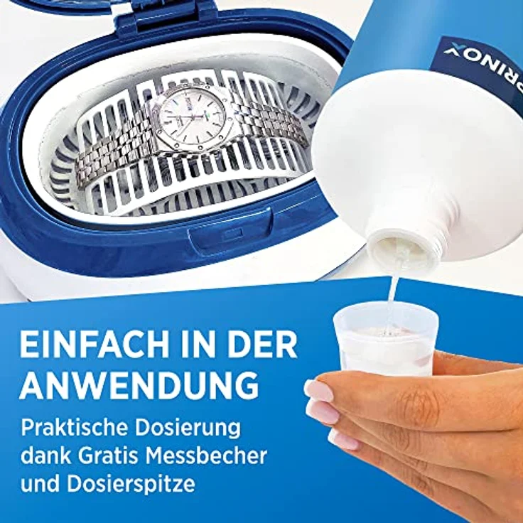 Prinox Ultraschallreiniger Konzentrat inkl. Mikrofasertuch I Extrem ergiebig, 700 Bäder je Flasche - Für Brille, Schmuck, Gebiss, Kleinteile – Bild 5