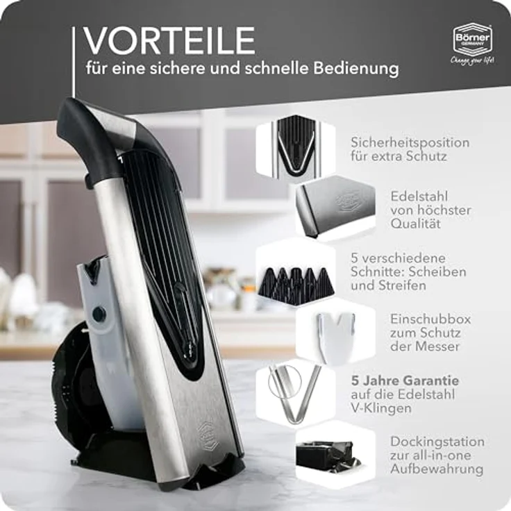 Börner Gemüsehobel V6 ExclusiveLine Profi Set, Kunststoff, mit 2 Messereinschüben und Dockingstation – Bild 4